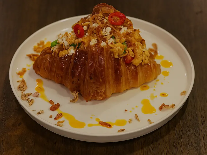 A golden croissant on a white plate loaded with scrambled eggs, sliced chilli, crumbled feta and fried shallots.
