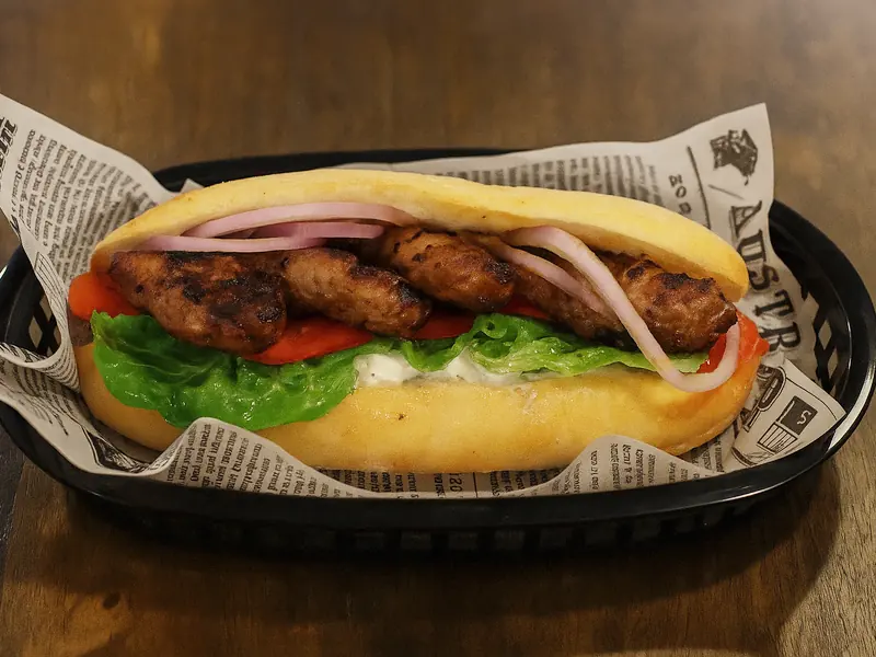 A long roll filled with grilled kofta, lettuce, tomato and sliced red onion, served in a black basket on newsprint paper.